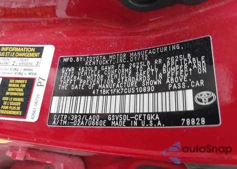 2012 Toyota Camry Xle V6 из США, поврежденный, VIN 4T1BK1FK7CU510890